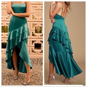 Yori Teal Green Satin High-low Maxi Dress